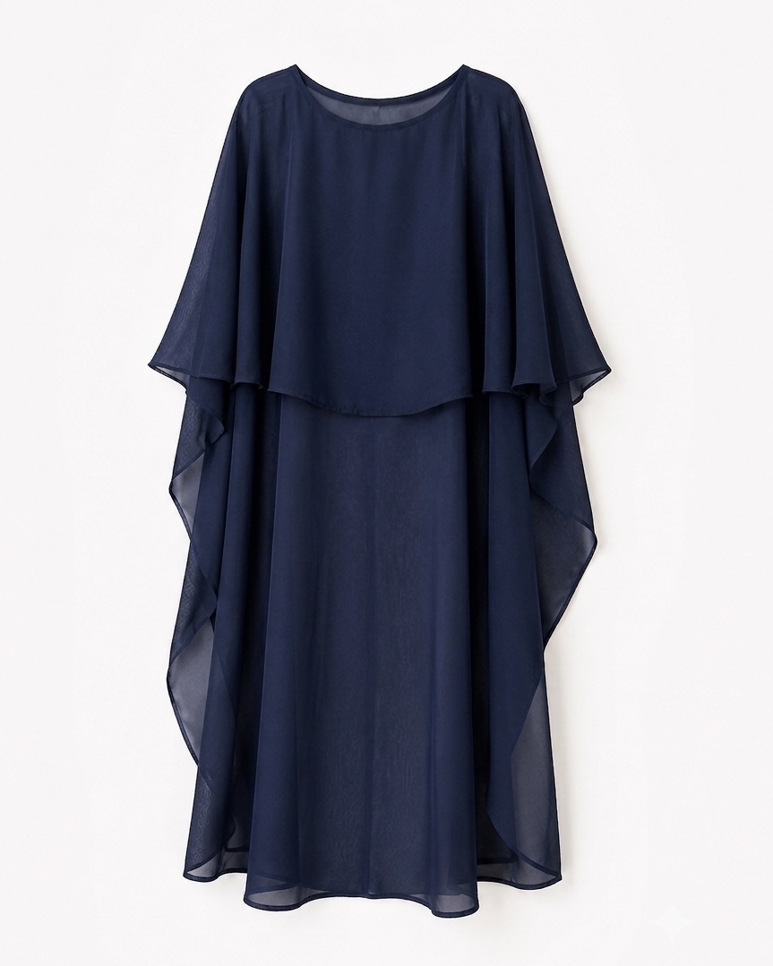 A navy blue sheer overlay dress with a layered, draped design, featuring a round neckline and a flowing silhouette, shown against a plain white background.