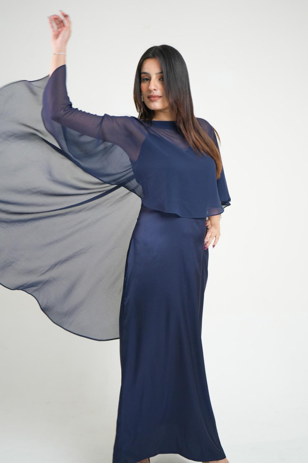 Nancy Navy Satin Cape Dress | Draped Occasion Dress for Women