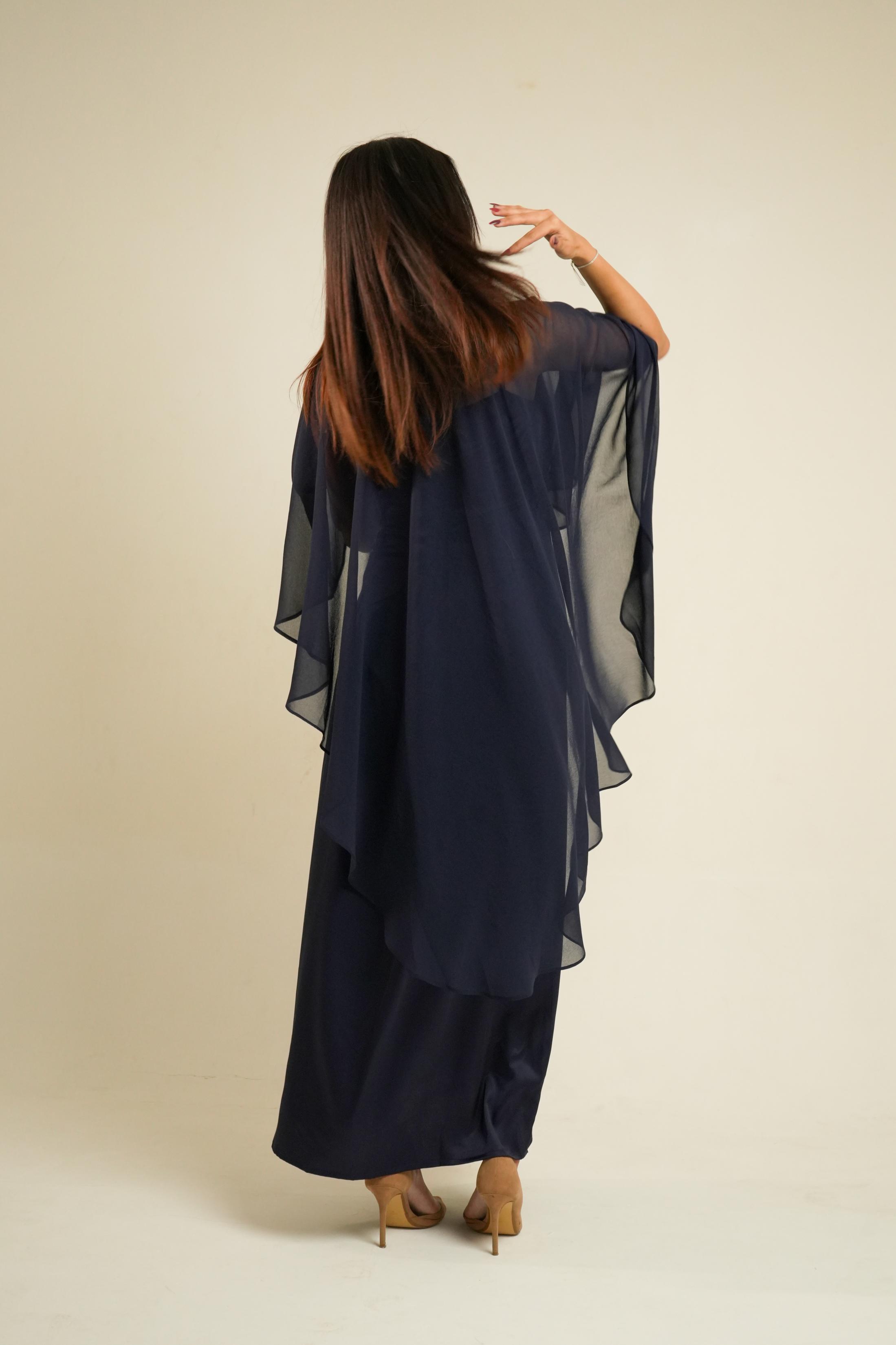 Nancy Navy Satin Cape Dress | Draped Occasion Dress for Women back