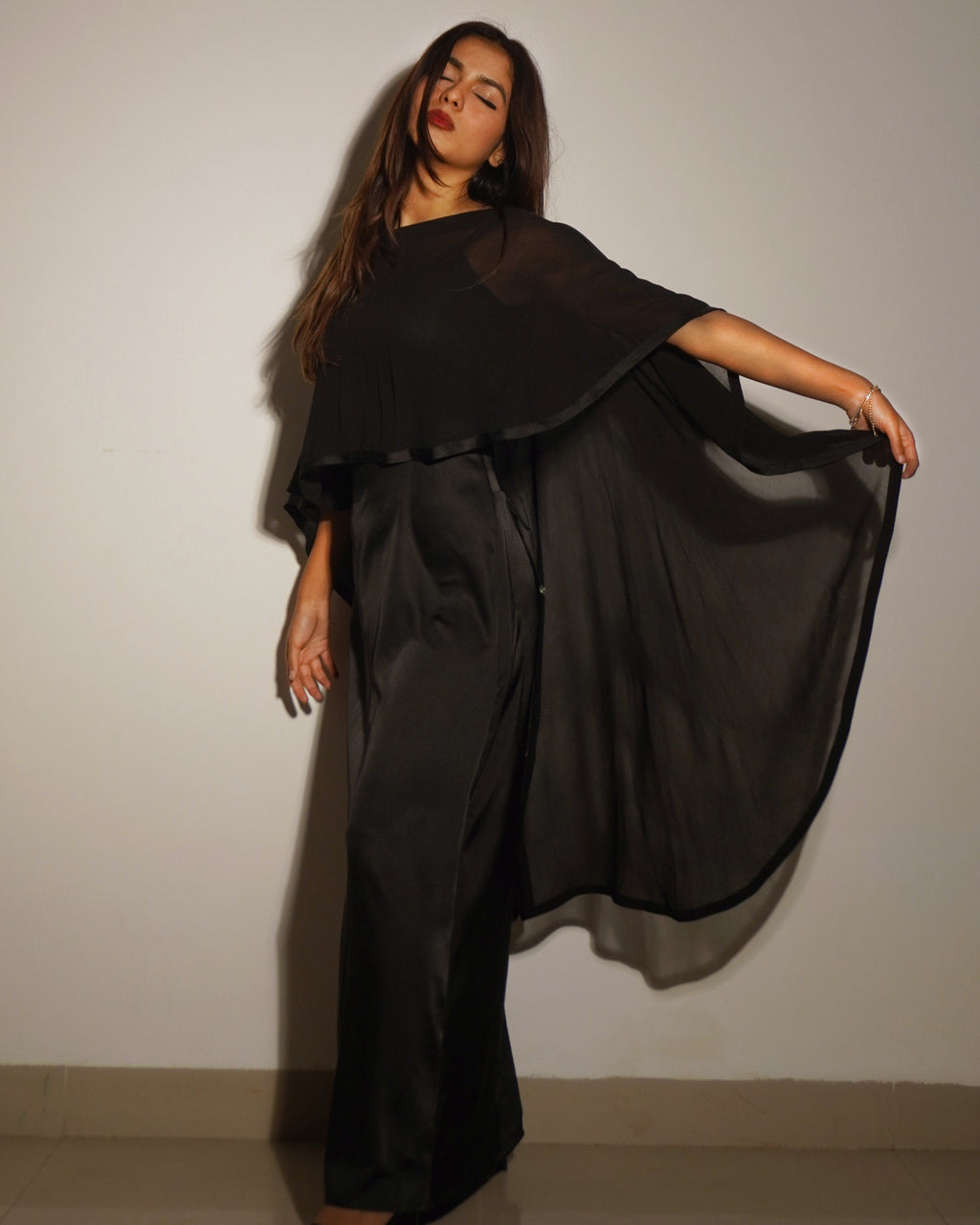 Nisha Black Satin Cape Dress – Evening & Party Wear - Khamna Studio