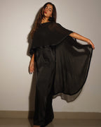 Nisha_Black_Satin_Cape_Dress_Evening_Party_Wear - Khamna Studio