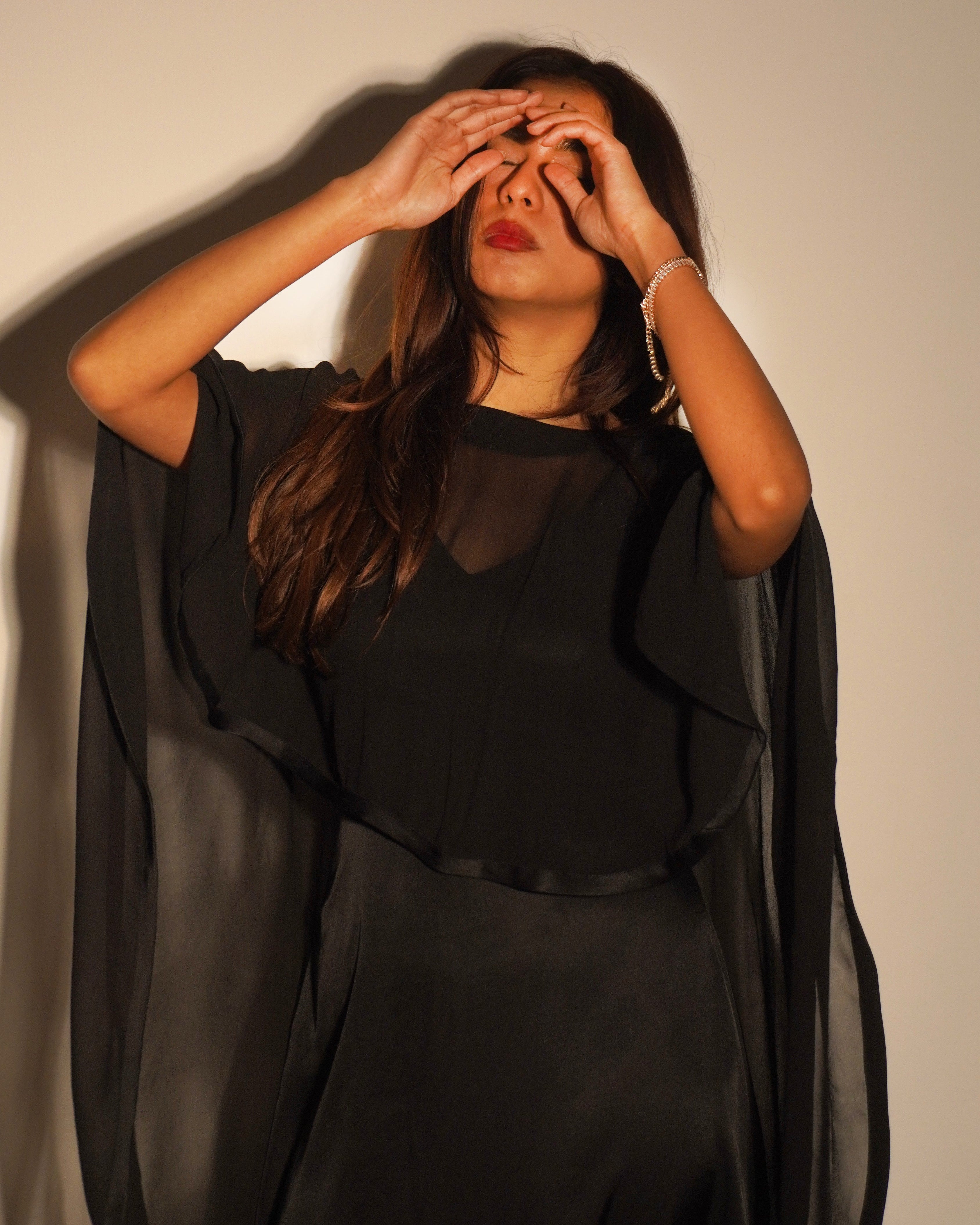 Nisha Black Satin Cape Dress – Evening & Party Wear - Khamna Studio