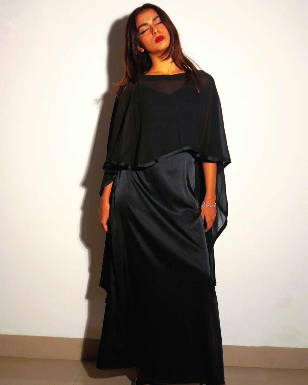 Nisha Black Satin Cape Dress – Evening & Party Wear - Khamna Studio