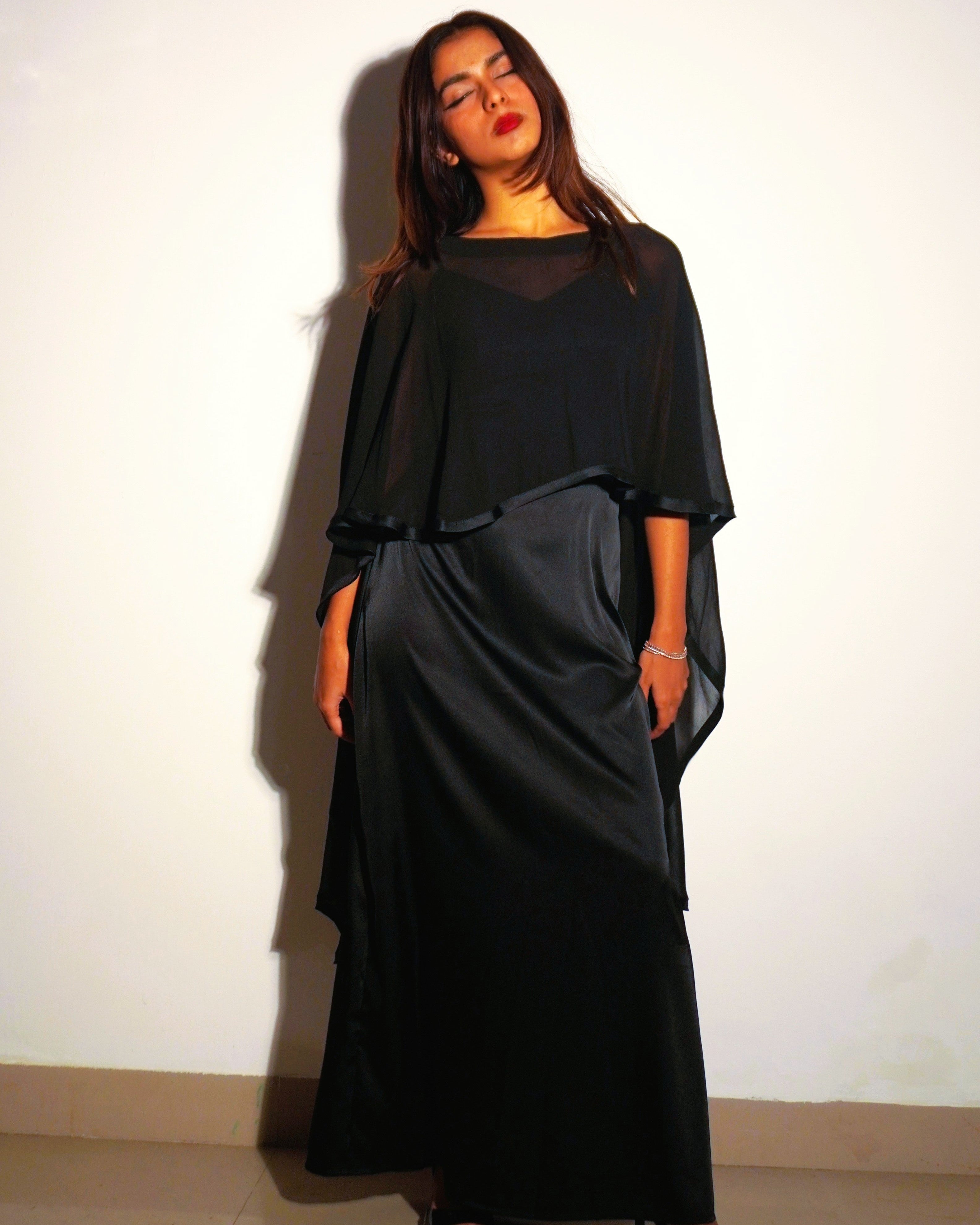 Nisha Black Satin Cape Dress – Evening & Party Wear - Khamna Studio