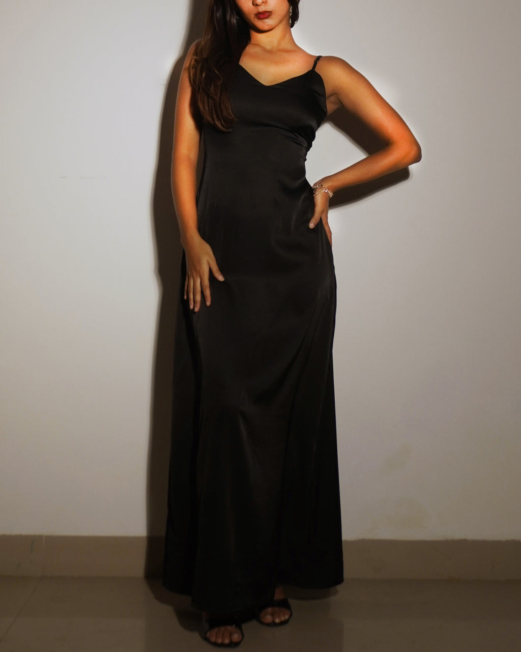 Nisha Black Satin Cape Dress – Evening & Party Wear - Khamna Studio