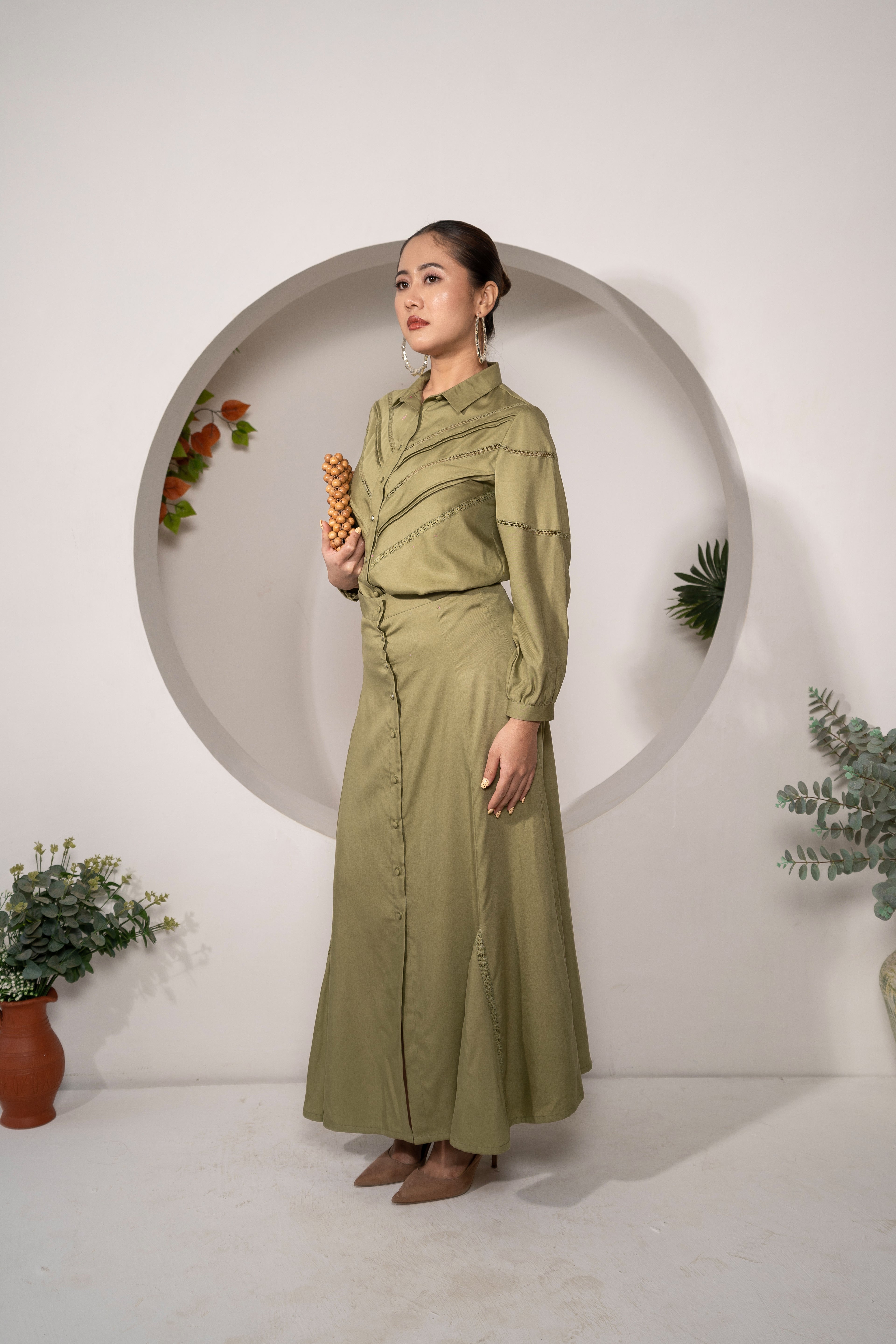 Olive Reverie Co-ord Set – Lace Detail Modal Shirt & Skirt