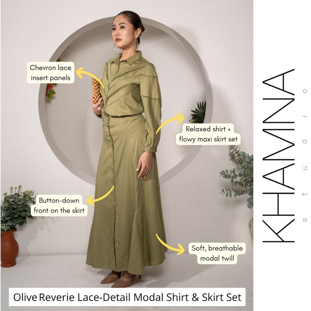 Woman wearing an olive green shirt and skirt set with text labels, standing against a white background with 'Khamina Studio' branding.