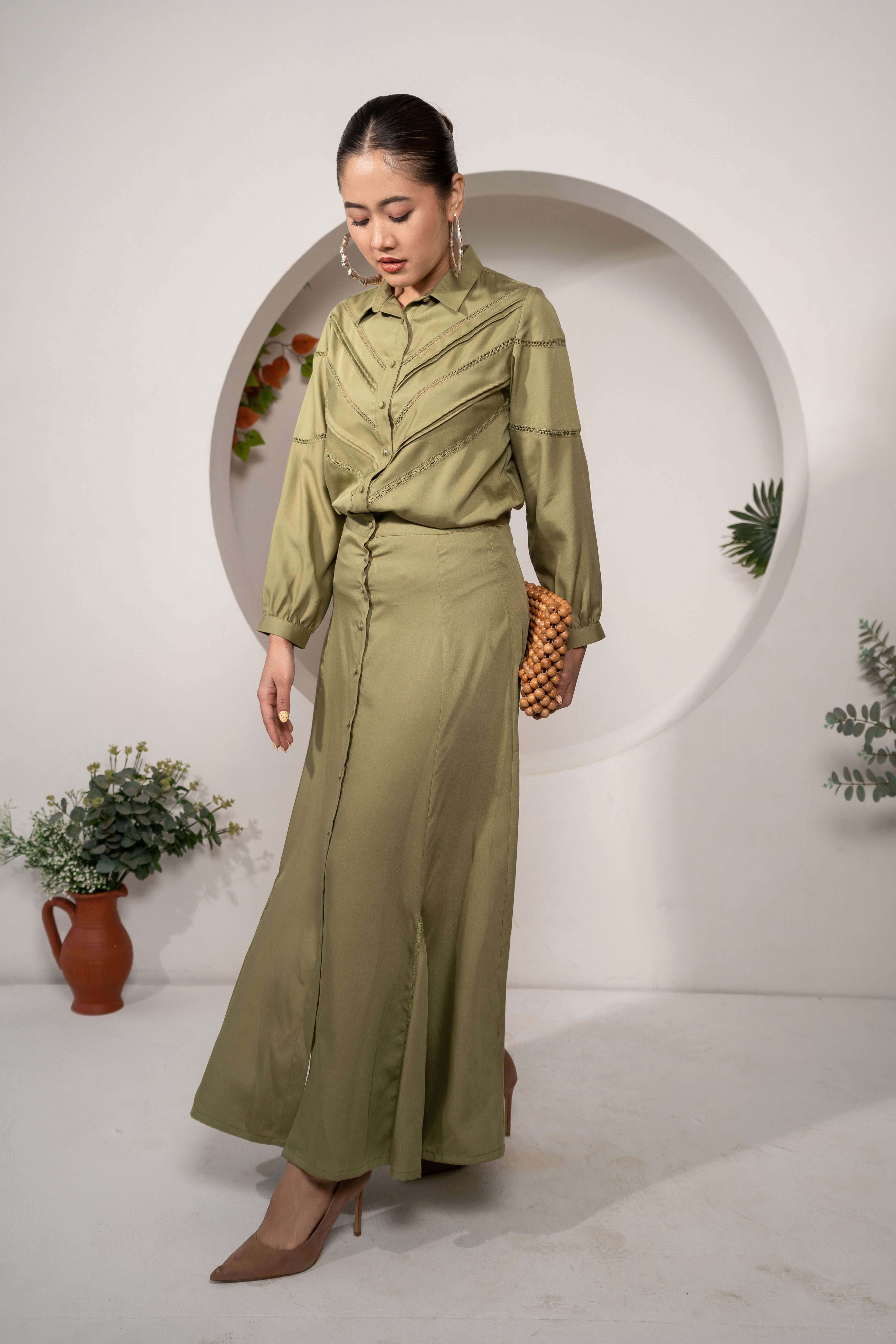Olive Reverie Co-ord Set – Lace Detail Modal Shirt & Skirt walking pose