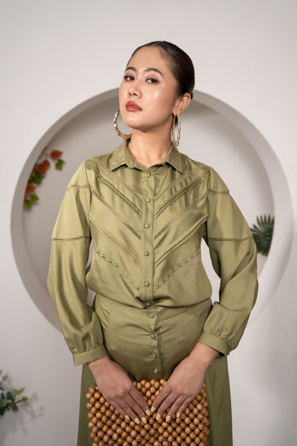 Olive Reverie Co-ord Set – Lace Detail Modal Shirt & Skirt showing shirt details