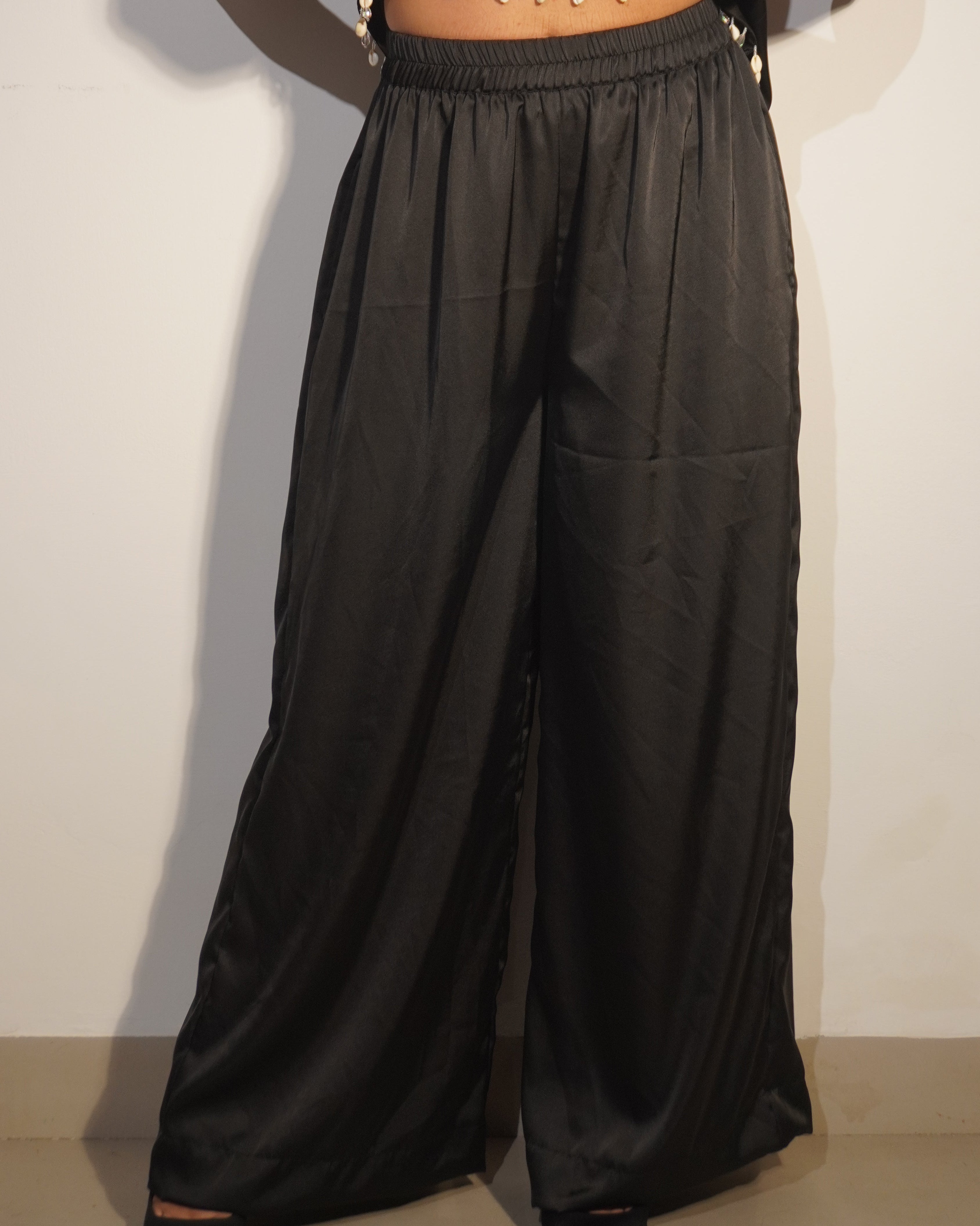 Poo Black Satin One-Shoulder Shell-Detail Co-ord Set – Party & Night-Out Glam - Khamna Studio