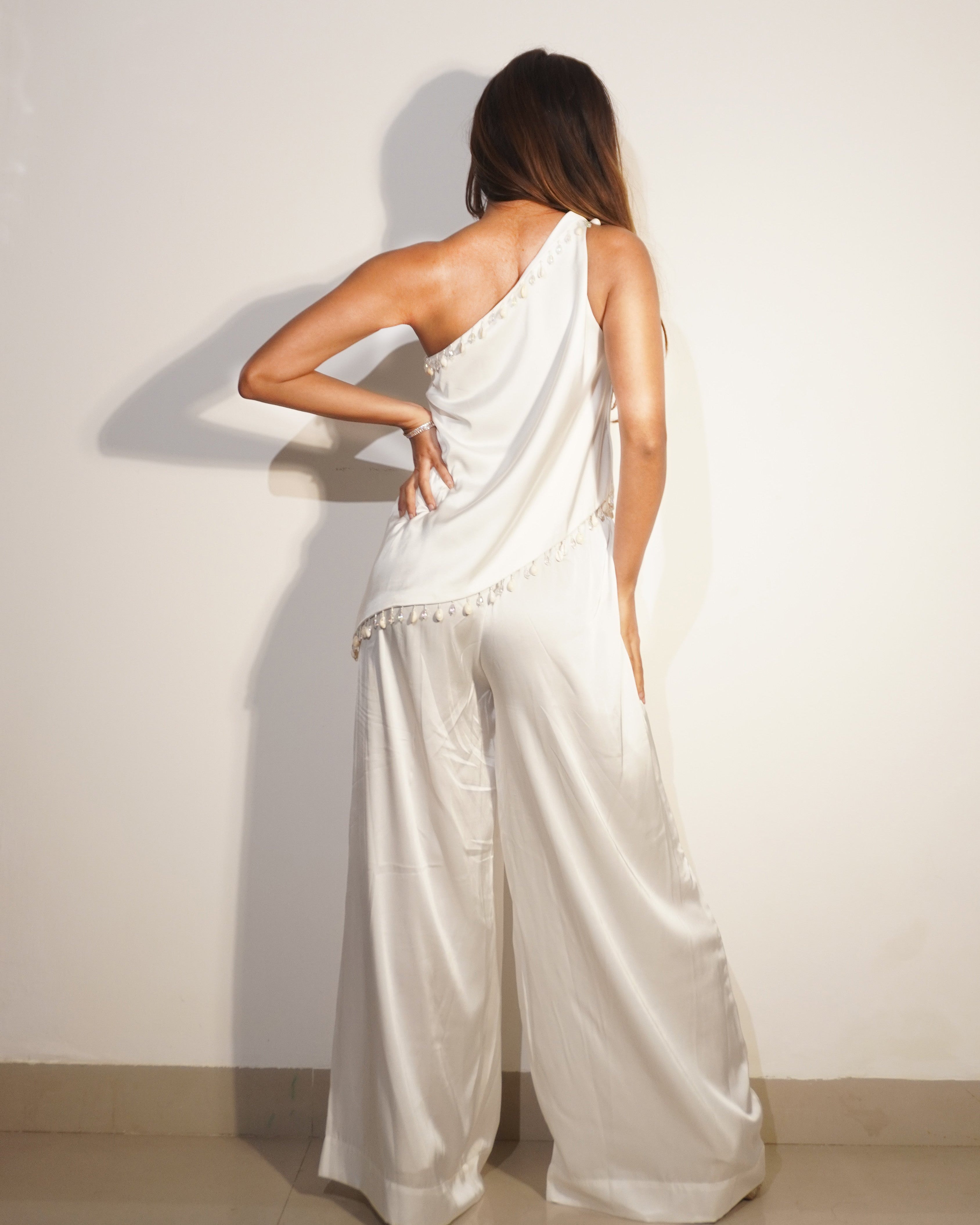 Poo Ivory Satin One-Shoulder Shell-Detail Co-ord Set – Resort & Celebration Wear - Khamna Studio