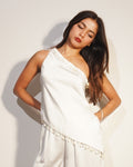 Poo_Ivory_Satin_One-Shoulder_Asymmetric_Shell-Detail_Top_Luxe_Party_Resort_Wear_full_set - Khamna Studio