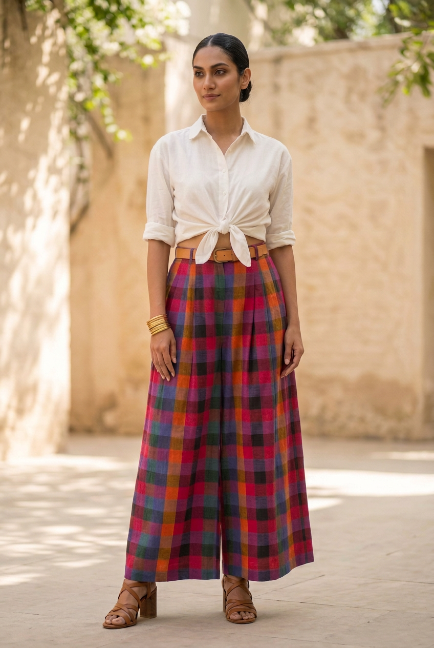 Ridhi Pleated Pants – Cotton Y/D Multicolor Madras Checks