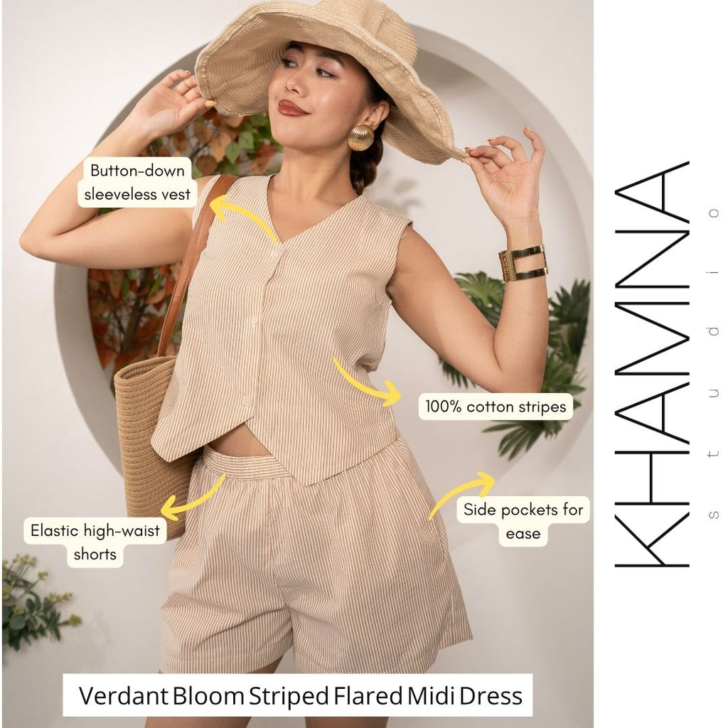 Sandstone_Stripe_Co-ord_Set_Vest_Shorts_in_Cotton_Stripes_-_Khamna_Studio - Khamna Studio