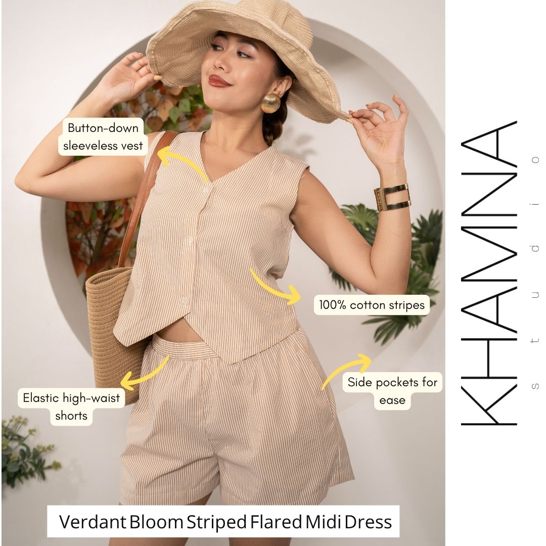 Sandstone_Stripe_Co-ord_Set_Vest_Shorts_in_Cotton_Stripes_-_Khamna_Studio - Khamna Studio