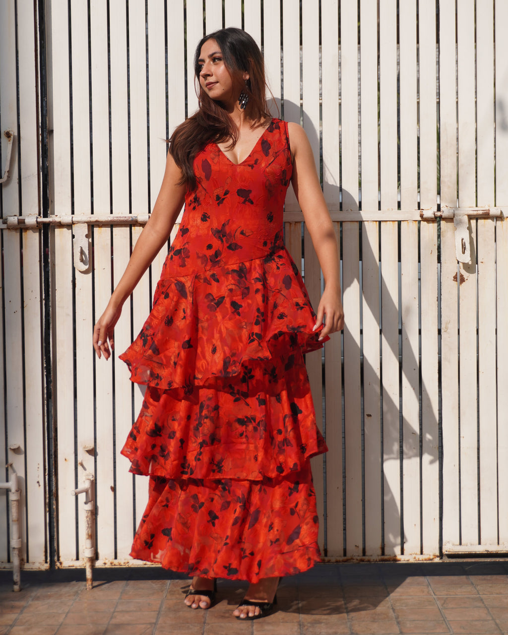 Señorita Red Layered Maxi Dress – Cascading Floral Jacquard Dress for Women | Khamna - Khamna Studio