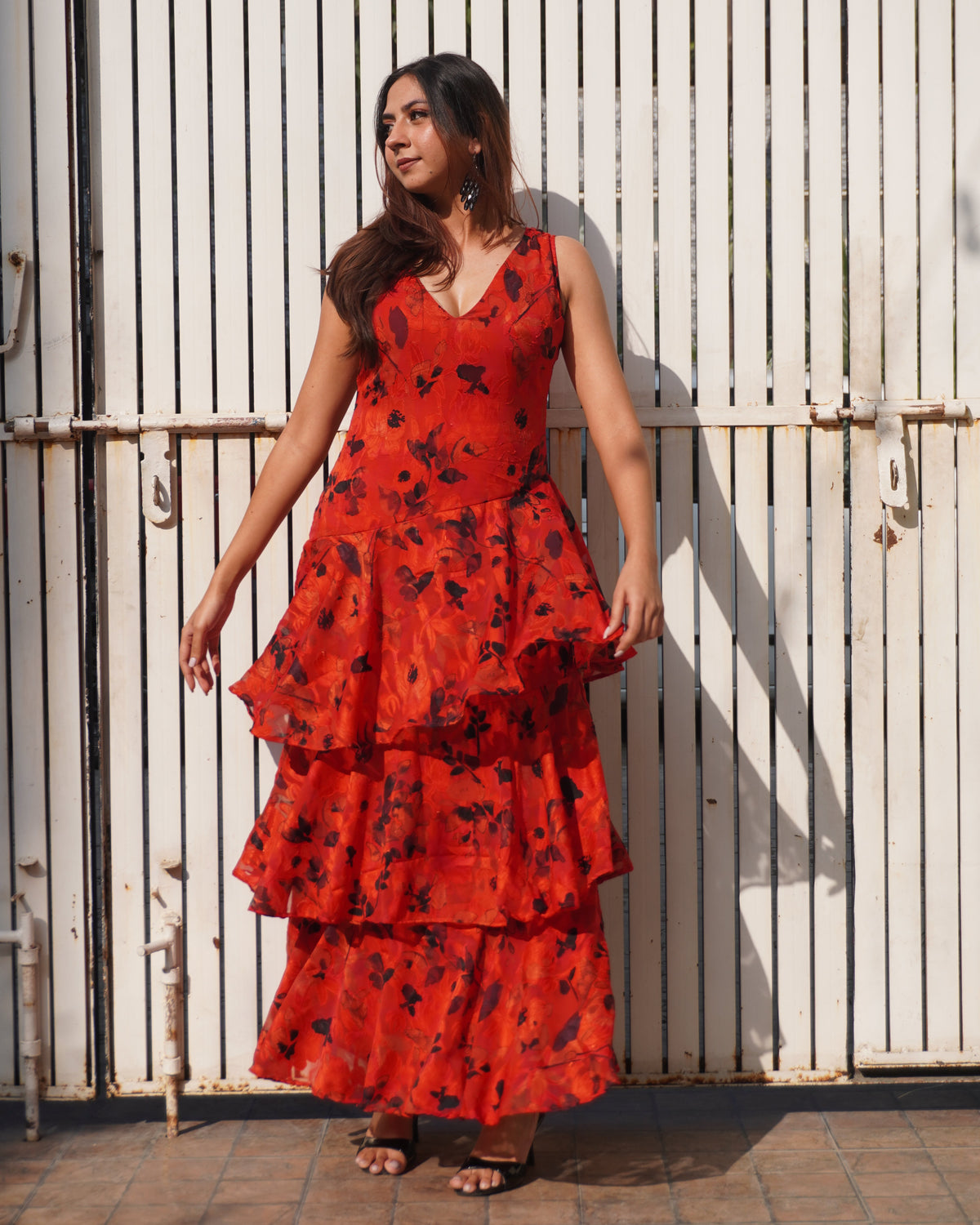 Señorita Red Layered Maxi Dress – Cascading Floral Jacquard Dress for Women | Khamna - Khamna Studio
