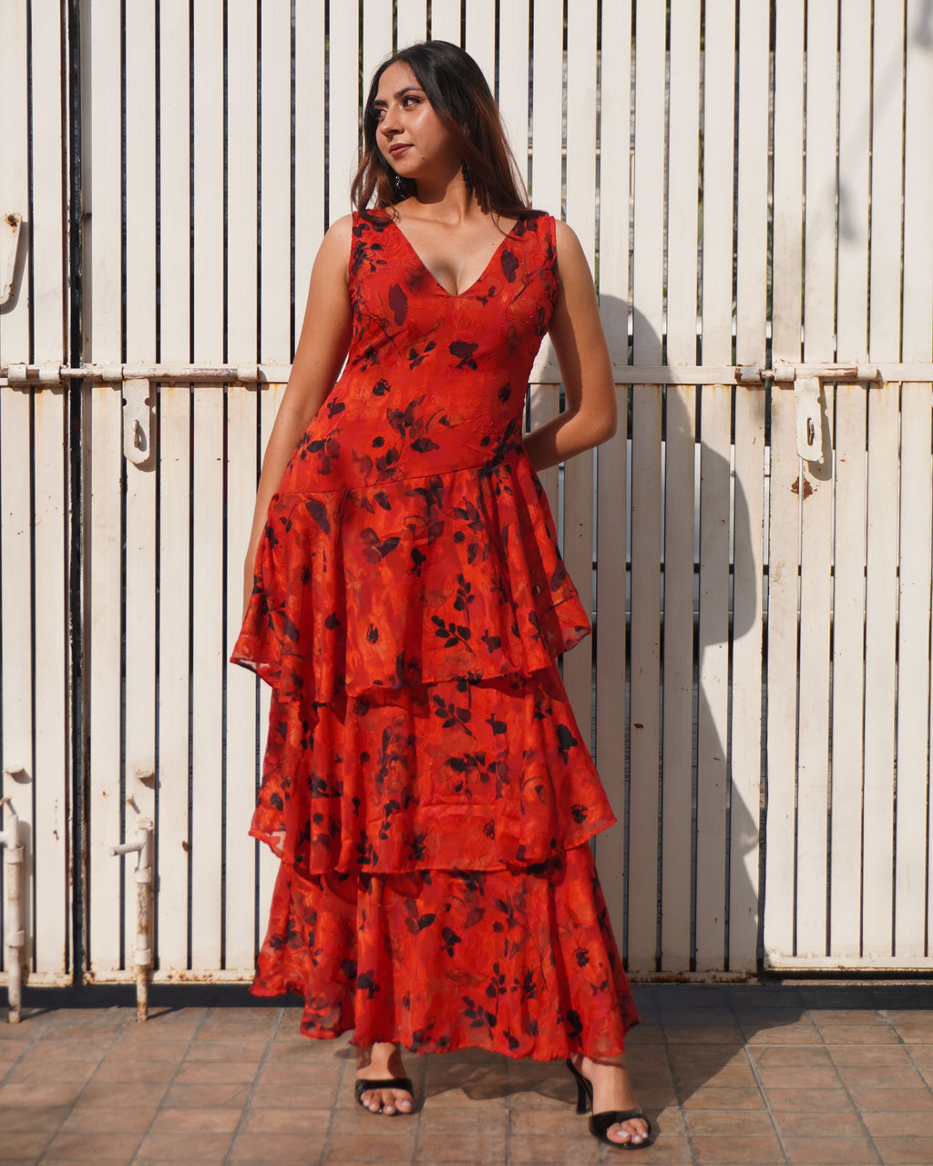 Señorita Red Layered Maxi Dress – Cascading Floral Jacquard Dress for Women | Khamna - Khamna Studio