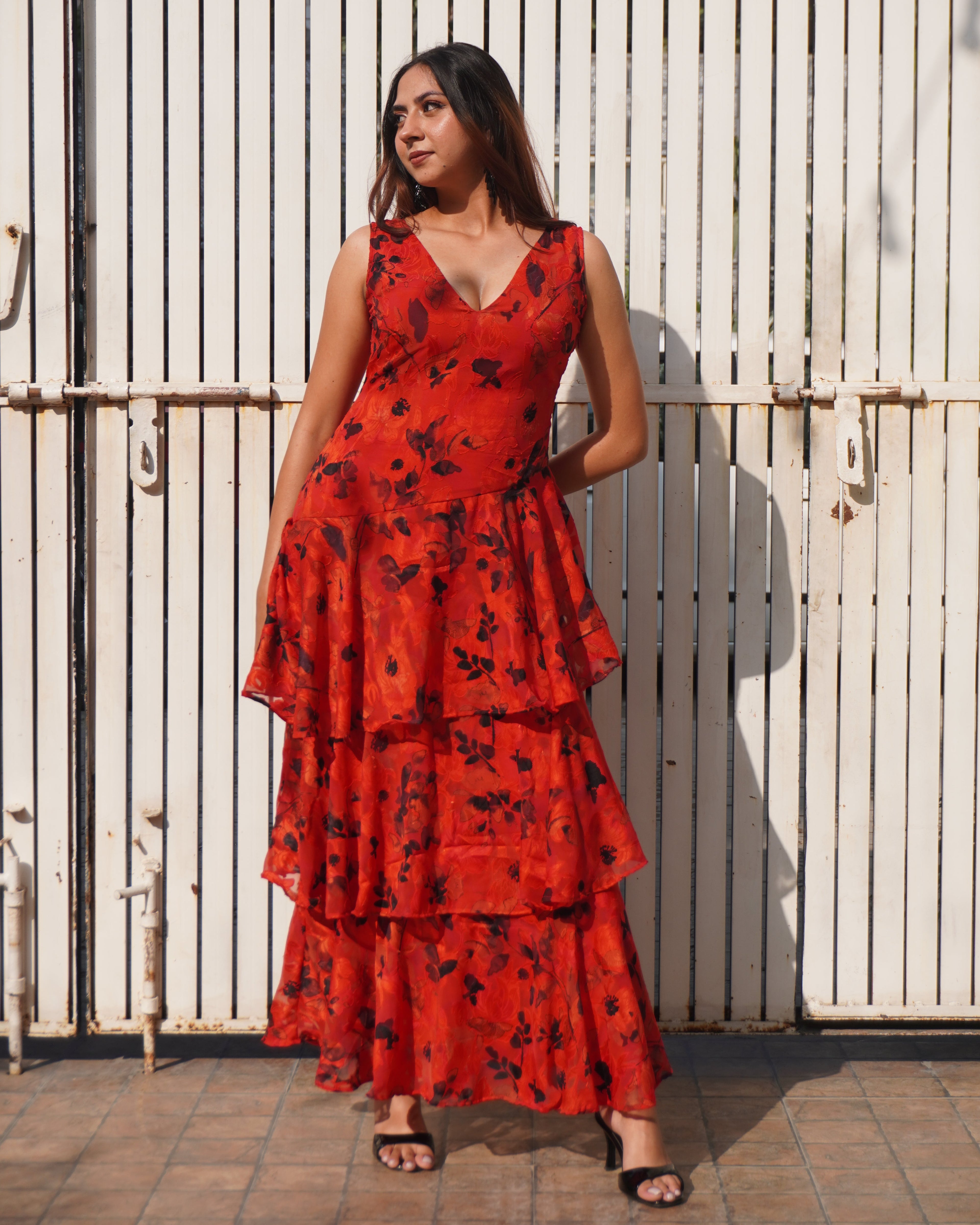 Señorita Red Layered Maxi Dress – Cascading Floral Jacquard Dress for Women | Khamna - Khamna Studio