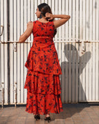 Se_orita_Red_Layered_Maxi_Dress_Cascading_Floral_Jacquard_Dress_for_Women_Khamna_back - Khamna Studio