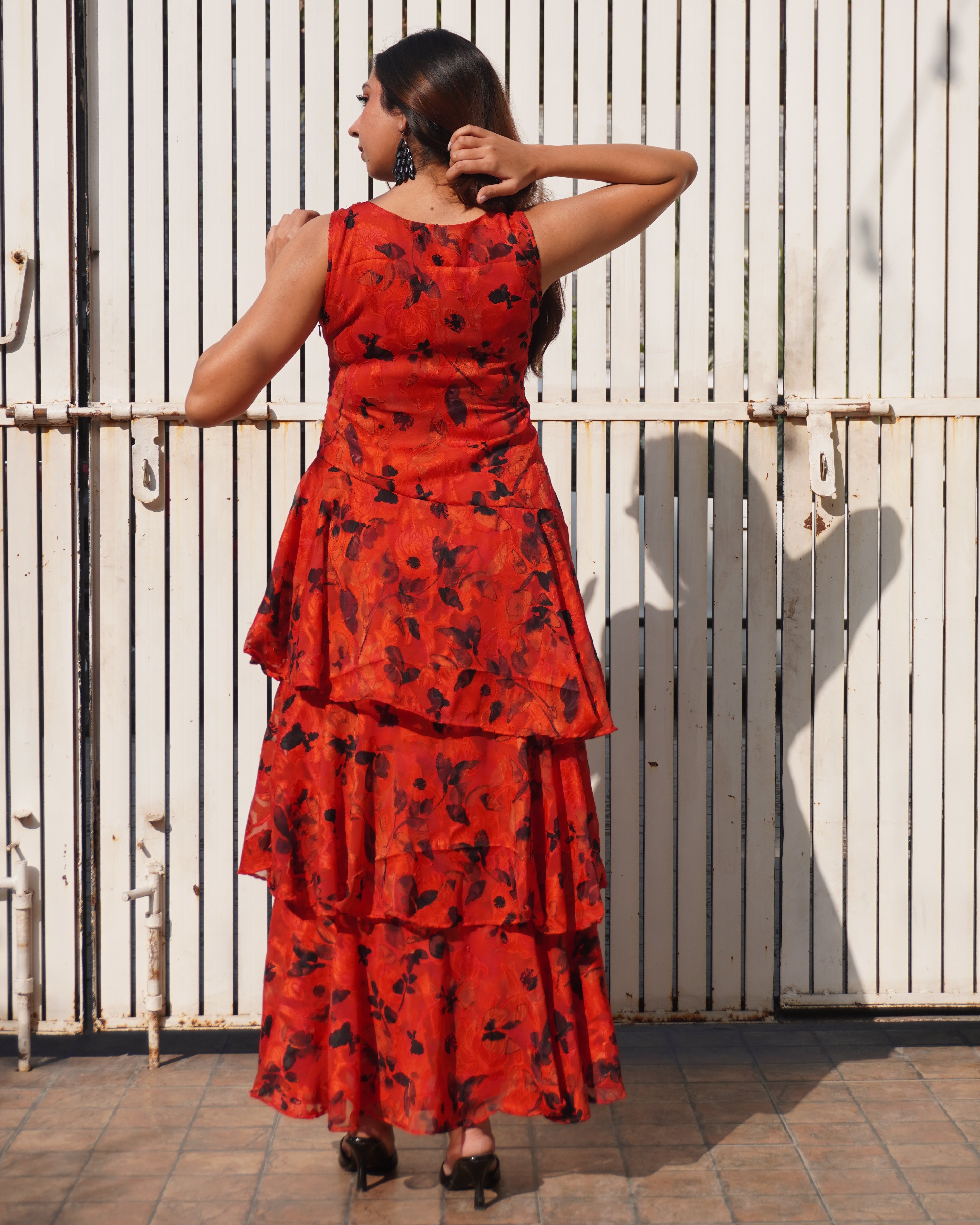 Señorita Red Layered Maxi Dress – Cascading Floral Jacquard Dress for Women | Khamna - Khamna Studio