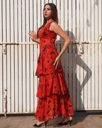 Se_orita_Red_Layered_Maxi_Dress_Cascading_Floral_Jacquard_Dress_for_Women_Khamna_side - Khamna Studio
