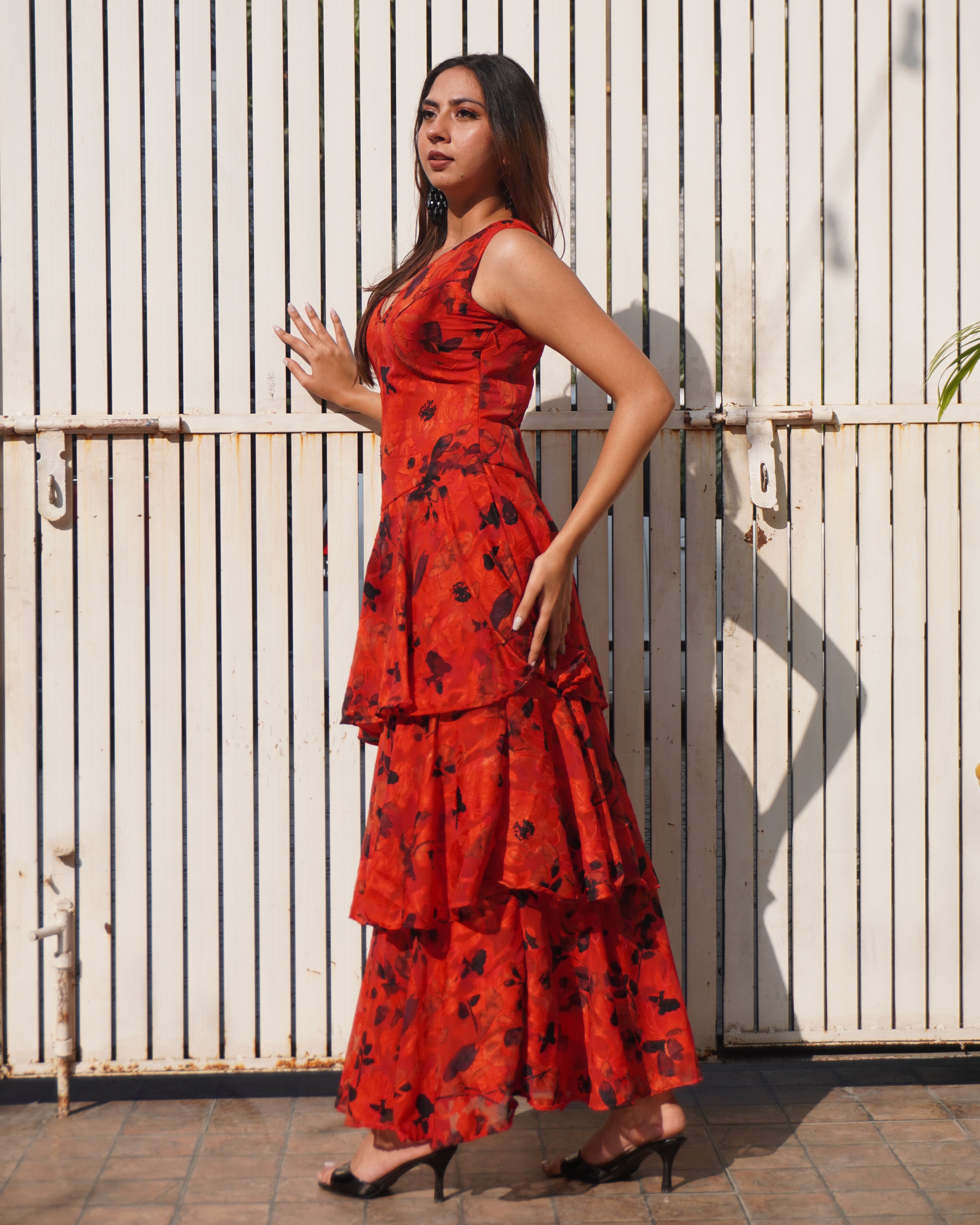 Señorita Red Layered Maxi Dress – Cascading Floral Jacquard Dress for Women | Khamna - Khamna Studio