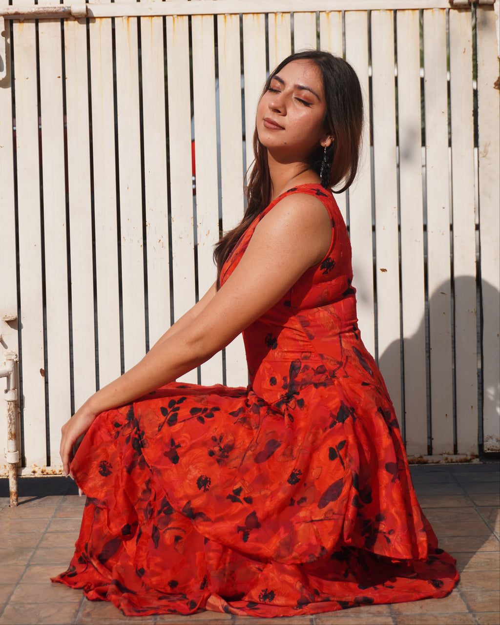 Señorita Red Layered Maxi Dress – Cascading Floral Jacquard Dress for Women | Khamna - Khamna Studio