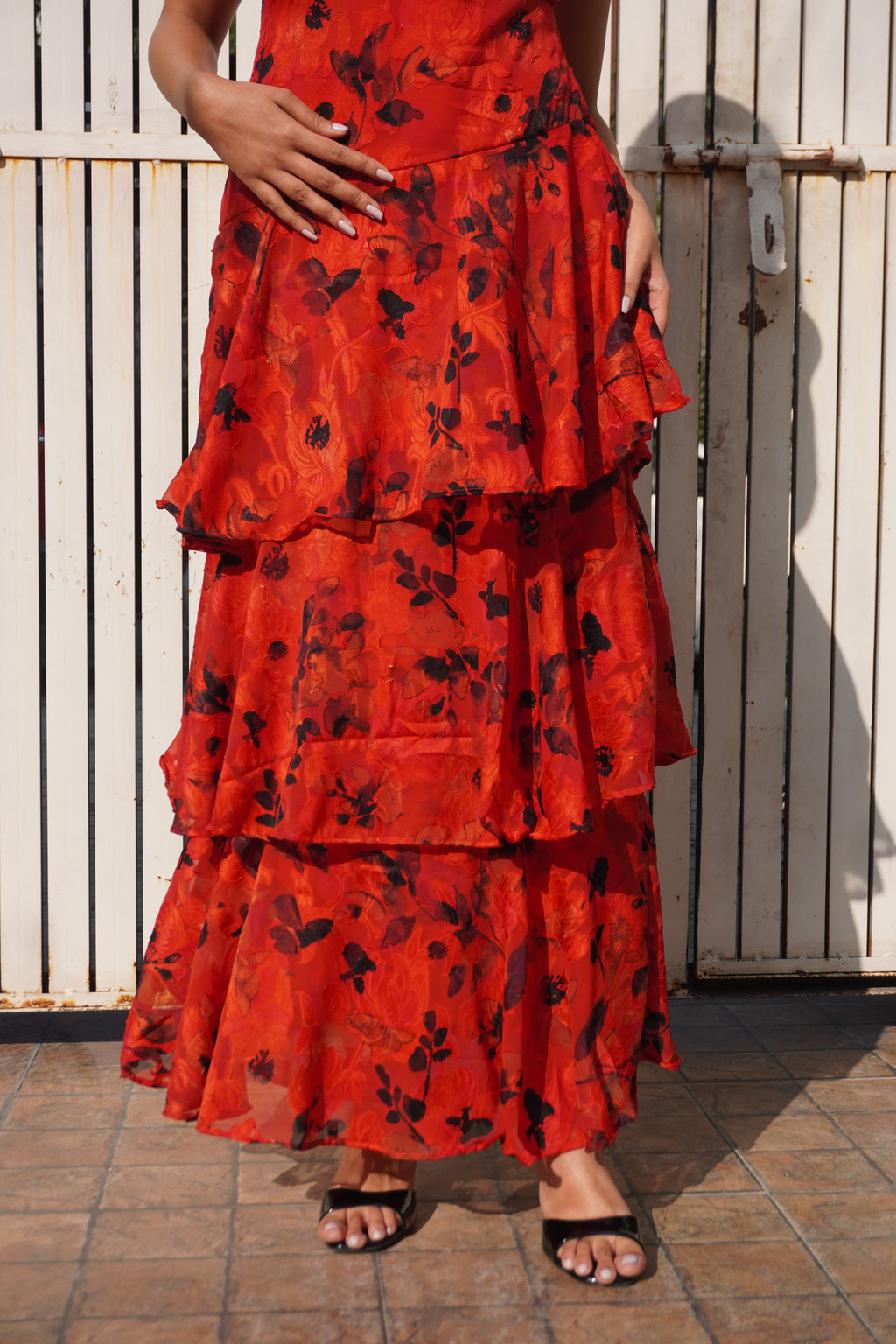 Señorita Red Layered Maxi Dress – Cascading Floral Jacquard Dress for Women | Khamna - Khamna Studio