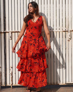 Se_orita_Red_Layered_Maxi_Dress_Cascading_Floral_Jacquard_Dress_for_Women_Khamna-_TWIRL - Khamna Studio