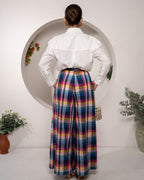 Sunset_Vista_Pleated_Pants_Cotton_Y_D_Multicolor_Checks_paired_with_Cloudlight_Oversized_Shirt_White_Cotton_Poplin_with_Sparkle_Lace_back - Khamna Studio