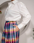 Sunset_Vista_Pleated_Pants_Cotton_Y_D_Multicolor_Checks_paired_with_Cloudlight_Oversized_Shirt_White_Cotton_Poplin_with_Sparkle_Lace_details - Khamna Studio
