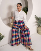 Sunset_Vista_Pleated_Pants_Cotton_Y_D_Multicolor_Checks_paired_with_Cloudlight_Oversized_Shirt_White_Cotton_Poplin_with_Sparkle_Lace_style_shoot - Khamna Studio