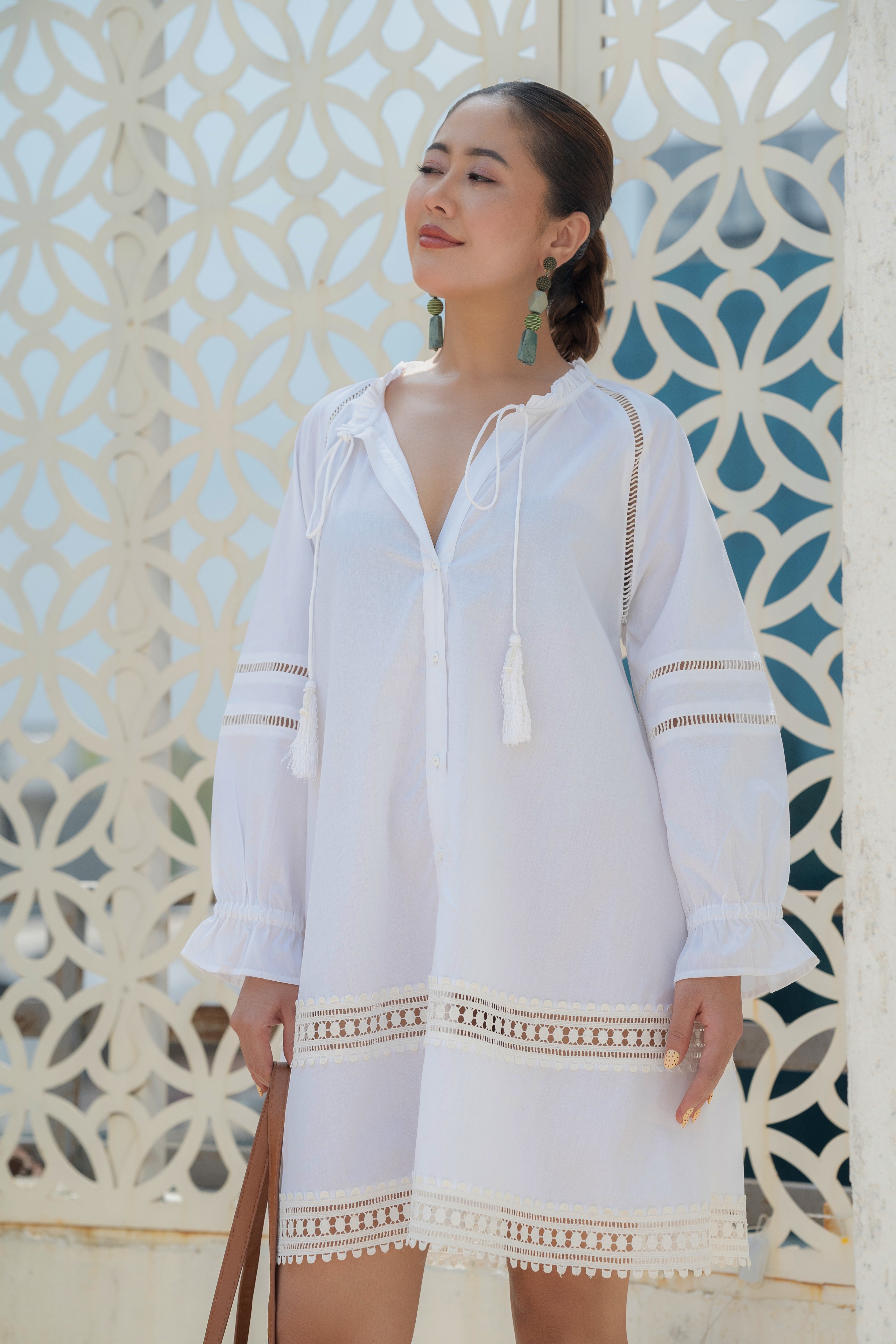 The Riviera Dress – White Cotton Poplin with Lace Detail Front view