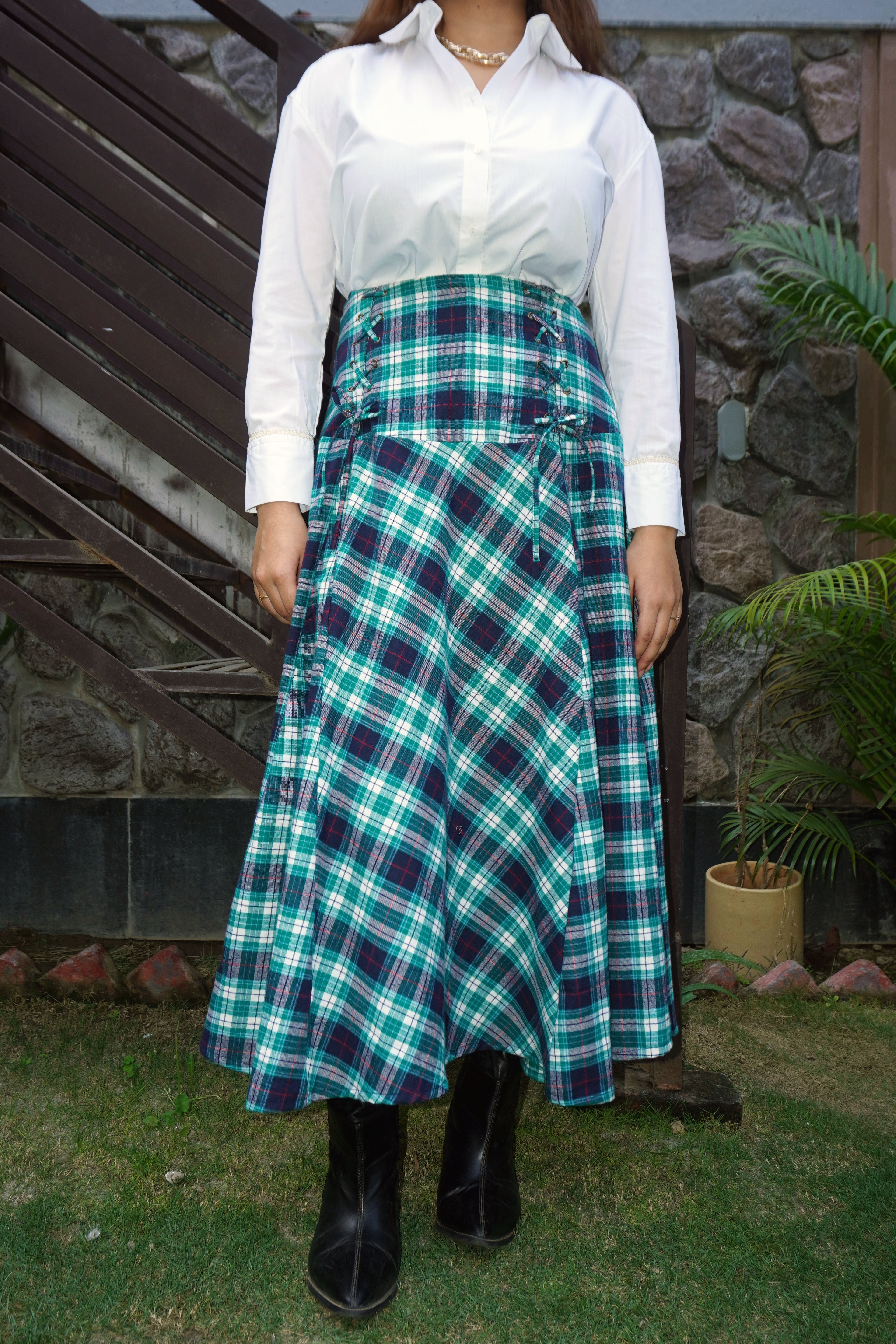 Tina Skirt – Y/D Brushed Winter Check Flared Corset Skirt - Khamna Studio