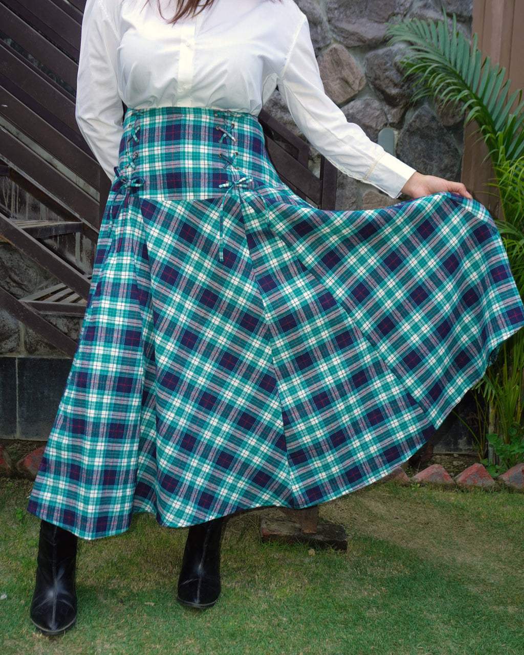 Tina Skirt – Y/D Brushed Winter Check Flared Corset Skirt - Khamna Studio