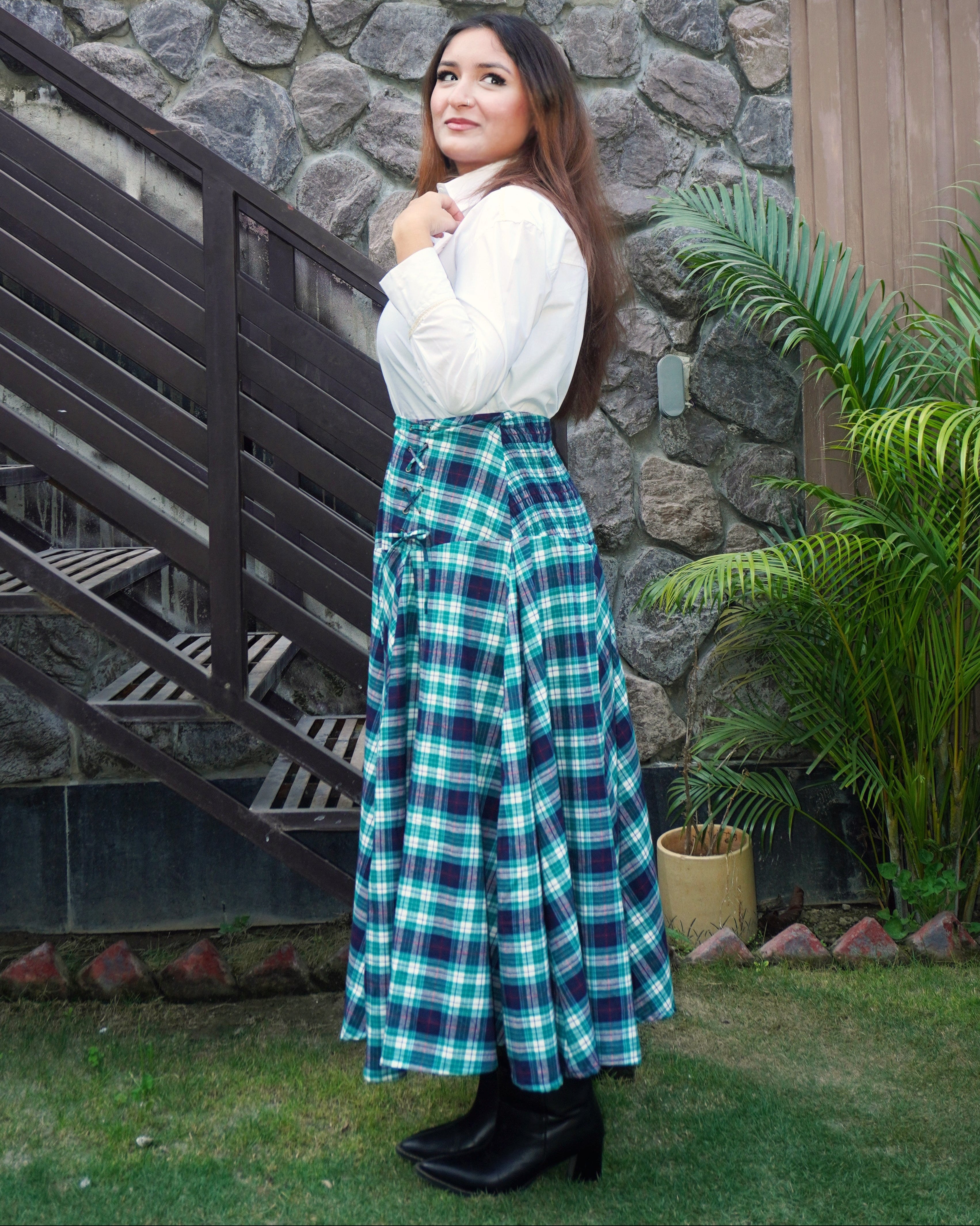 Tina Skirt – Y/D Brushed Winter Check Flared Corset Skirt - Khamna Studio