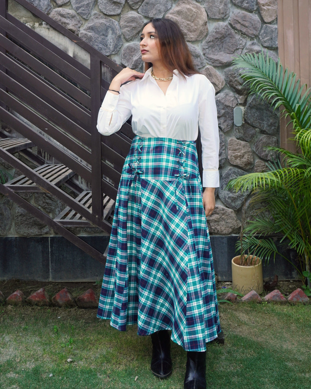 Tina Skirt – Y/D Brushed Winter Check Flared Corset Skirt - Khamna Studio