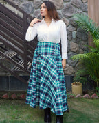 Tina_Skirt_Winter_Woolen_Check_Flared_Corset_Skirt_with_Cloudlight_Oversized_Shirt_White_Cotton_Poplin_with_Sparkle_Lace - Khamna Studio