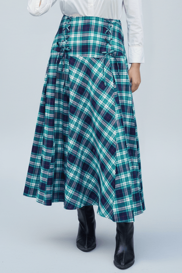 Tina_Skirt_Winter_Woolen_Check_Flared_Corset_Skirt_with_Cloudlight_Oversized_Shirt_White_Cotton_Poplin_with_Sparkle_Lace - Khamna Studio