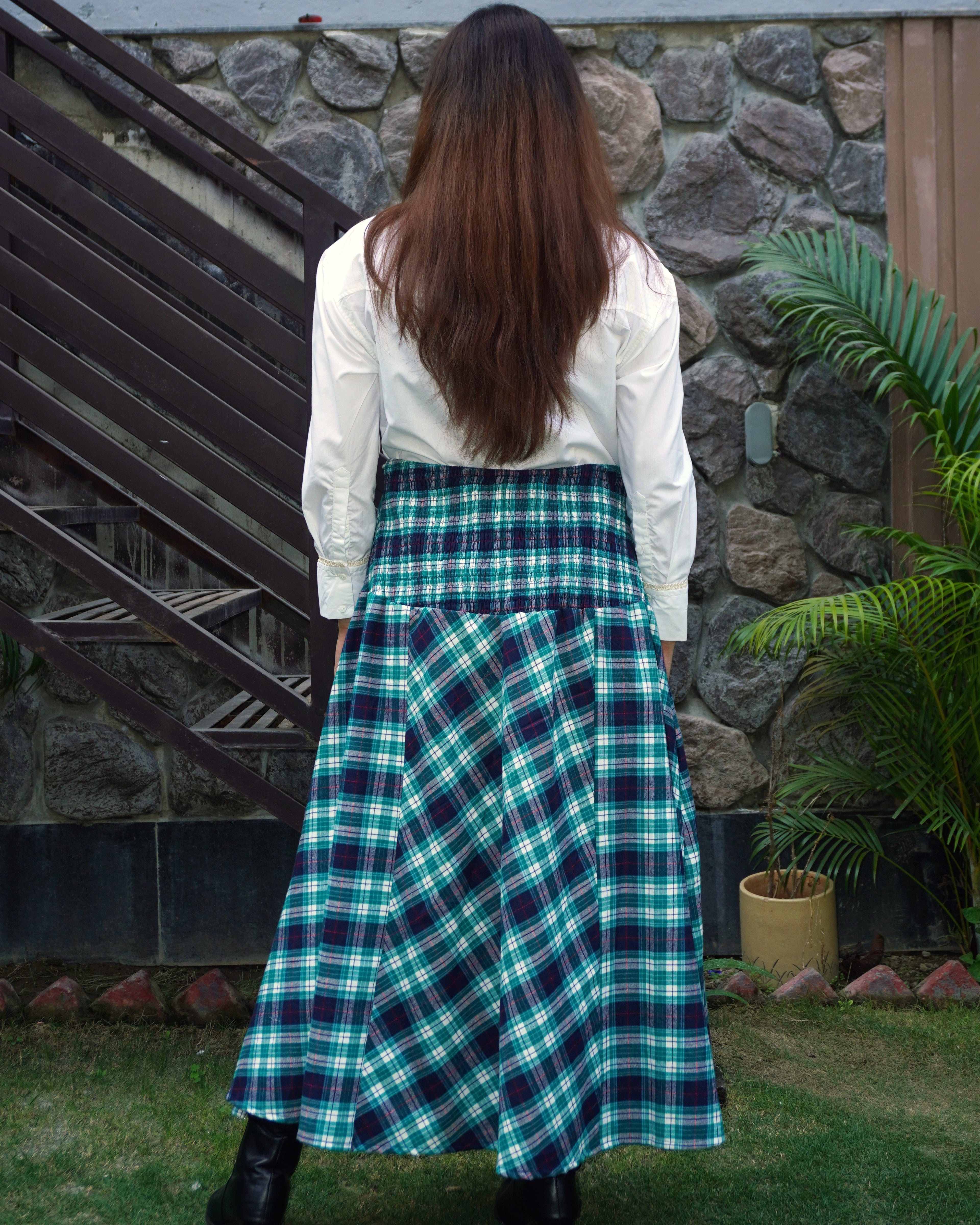 Tina Skirt – Y/D Brushed Winter Check Flared Corset Skirt - Khamna Studio