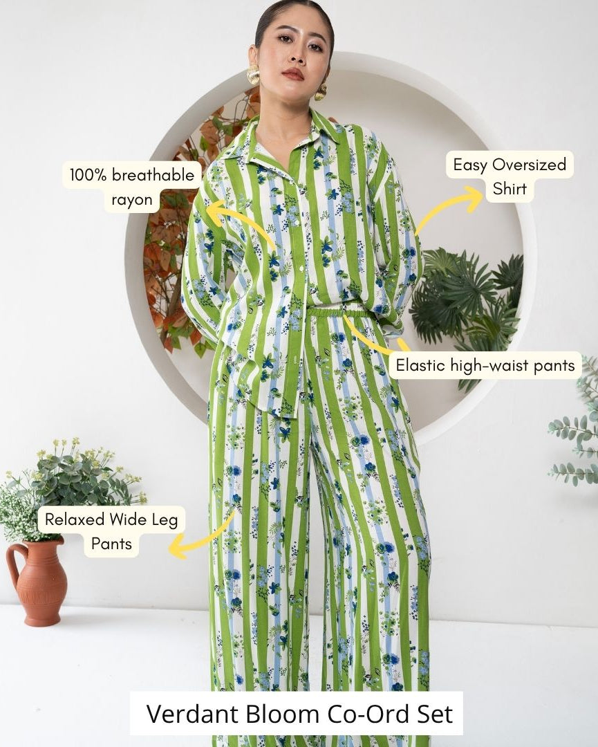Woman wearing a Verdant_Bloom_Co-ord_Set striped outfit with text labels, set against a white background with plants.