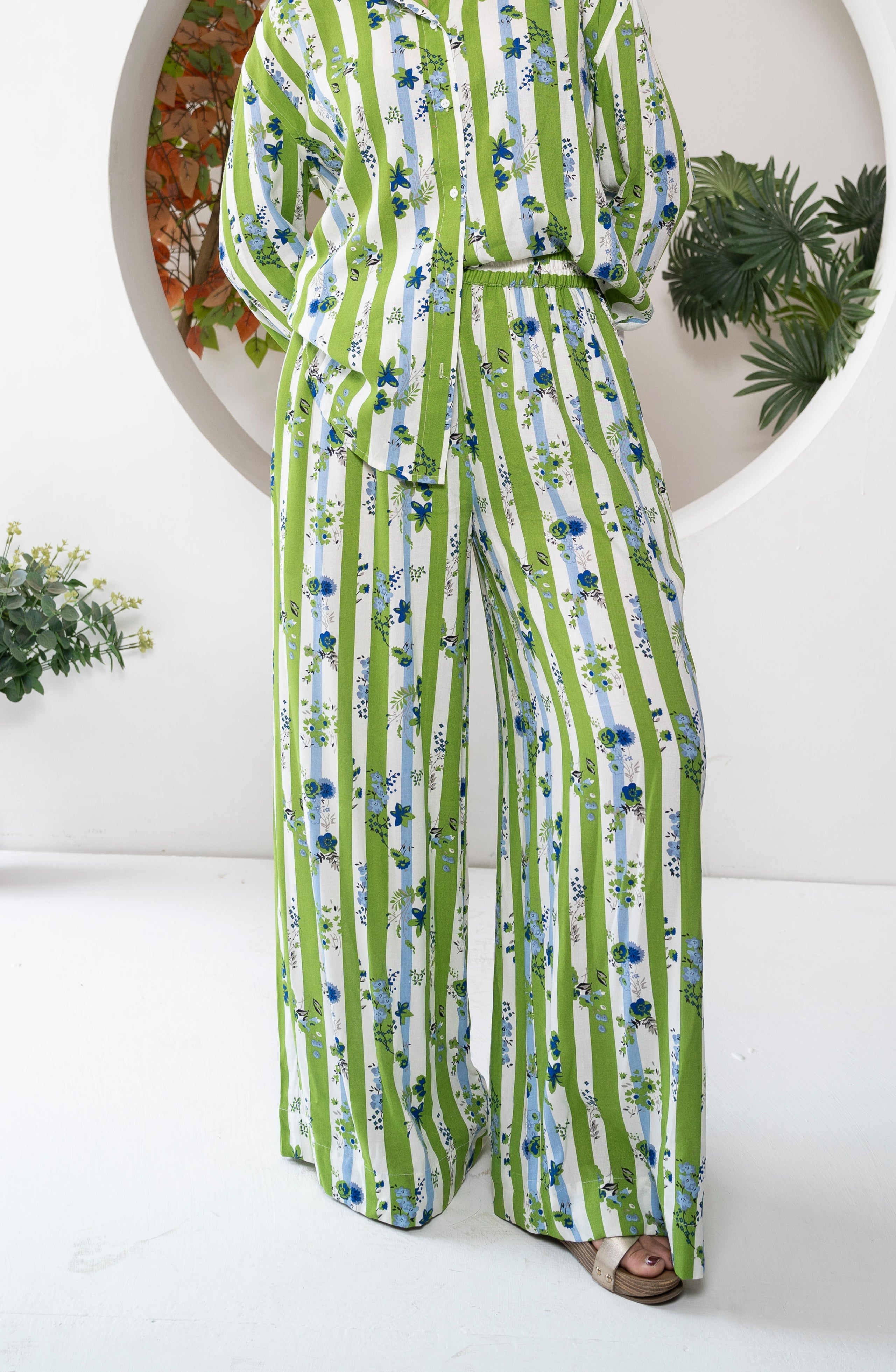 Verdant Bloom – Straight-Leg Resort Pants with matching shirt Floral on printed stripes
