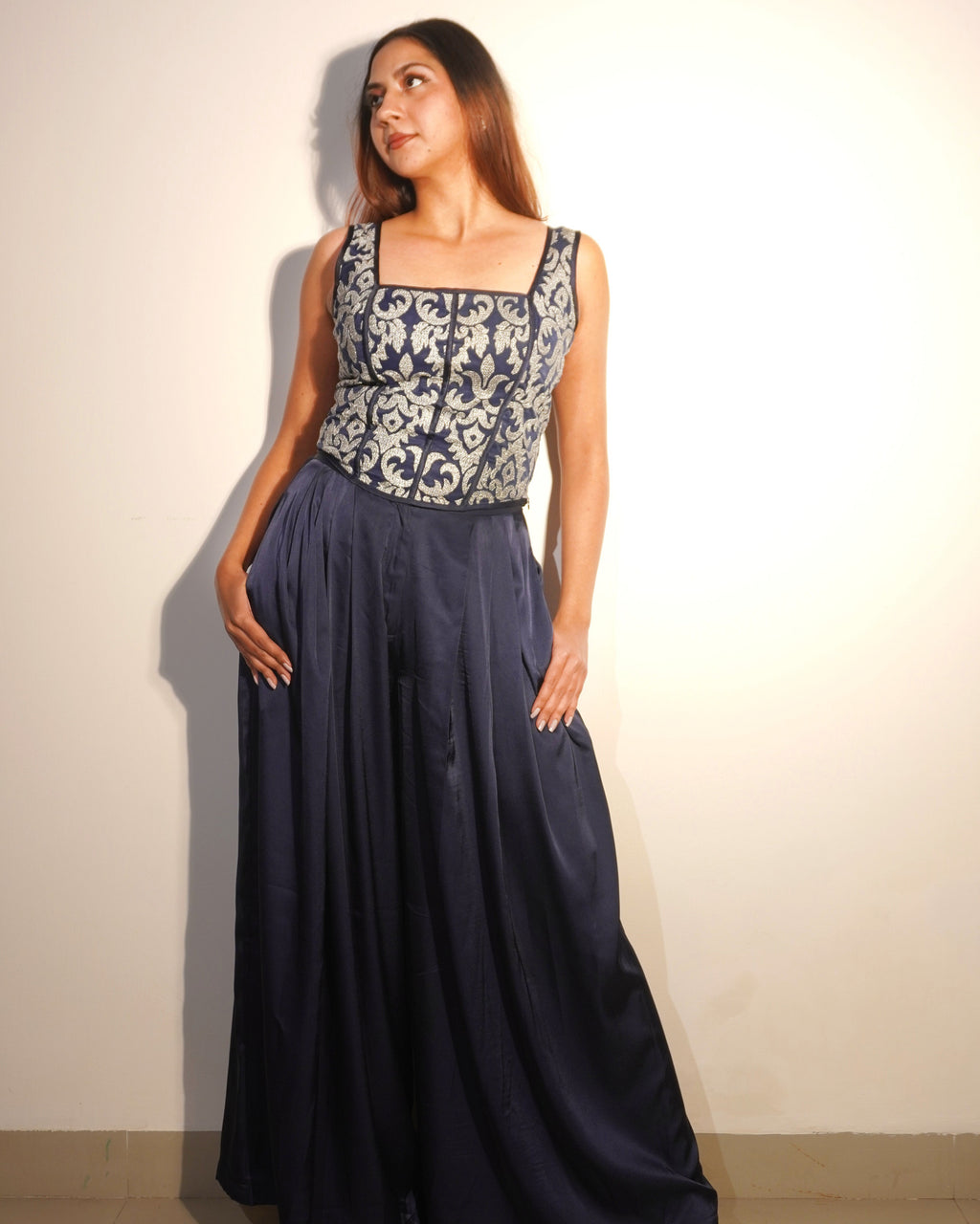 Veronica Navy Embroidered Corset-Look Top & Armani Satin Pleated Pants Co-ord Set – Luxe Party & Evening Wear for Women - Khamna Studio