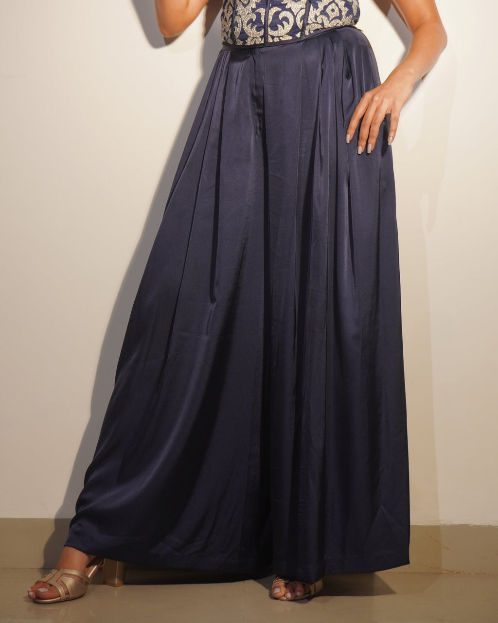 Veronica Navy Embroidered Corset-Look Top & Armani Satin Pleated Pants Co-ord Set – Luxe Party & Evening Wear for Women - Khamna Studio