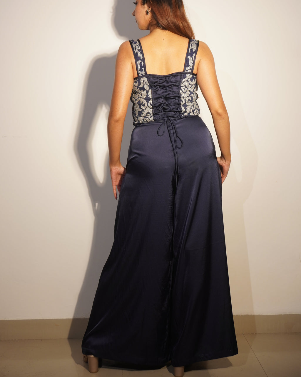 Veronica Navy Embroidered Corset-Look Top & Armani Satin Pleated Pants Co-ord Set – Luxe Party & Evening Wear for Women - Khamna Studio