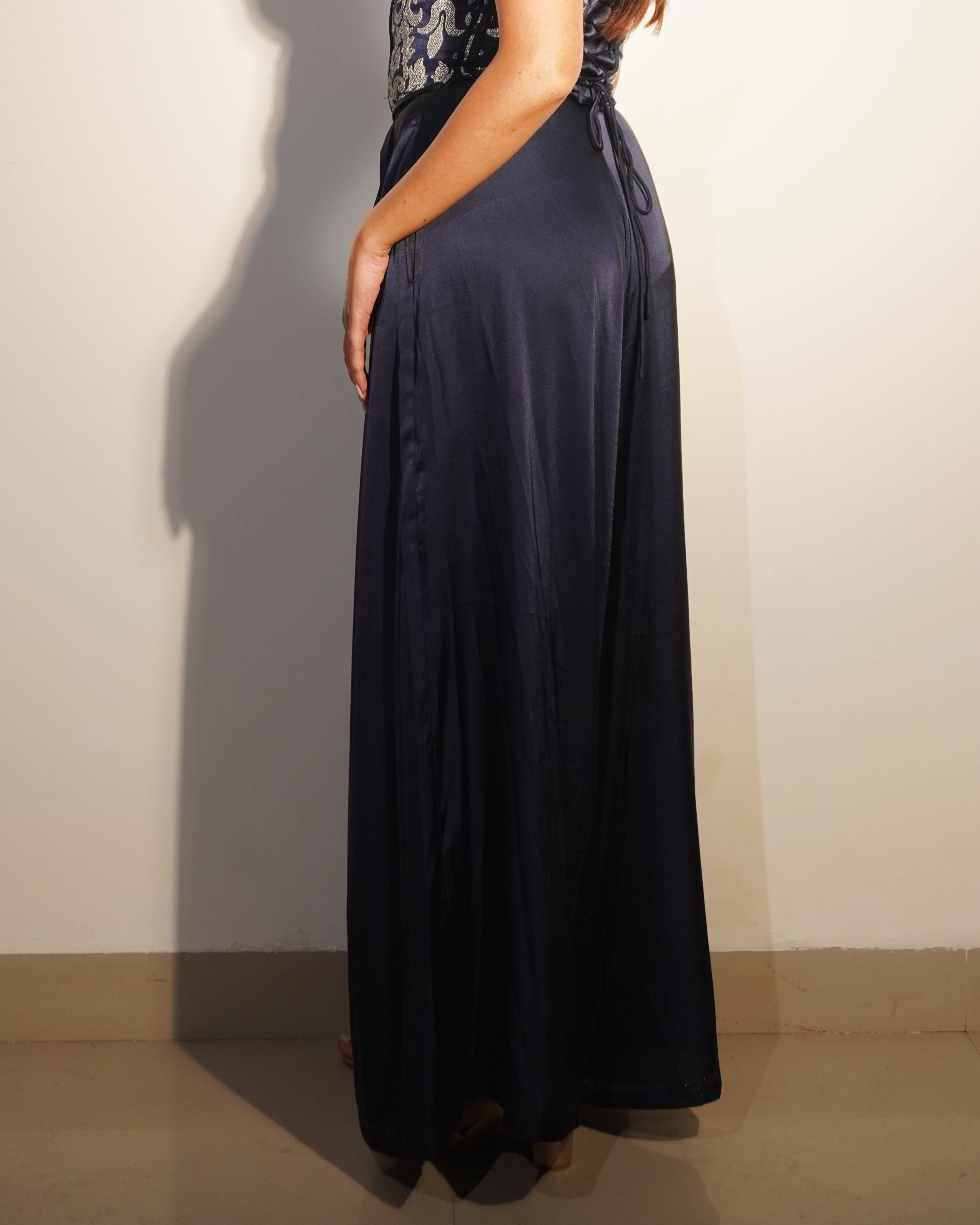 Veronica Pleated Armani Satin Pants – High-Shine Navy Wide-Leg Evening Trousers for Women - Khamna Studio