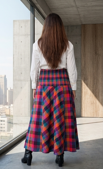 A woman stands with her back to the camera wearing a white long-sleeve blouse and a colorful plaid midi skirt in shades of red, blue, purple, and orange, paired with black boots, in a modern concrete building interior.