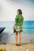 Khamna Yoshita Green Cotton Co-ord Set  Oversized Shirt & Shorts form With Love resort 26 on beach backdrop