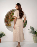 back_Sandstone_Stripe_Shirt_Dress_Cotton_Y_D_Collared_Midi - Khamna Studio
